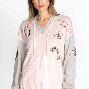 Johnny Was Clara Baja Pink and Gray Embroidered cotton hoodie